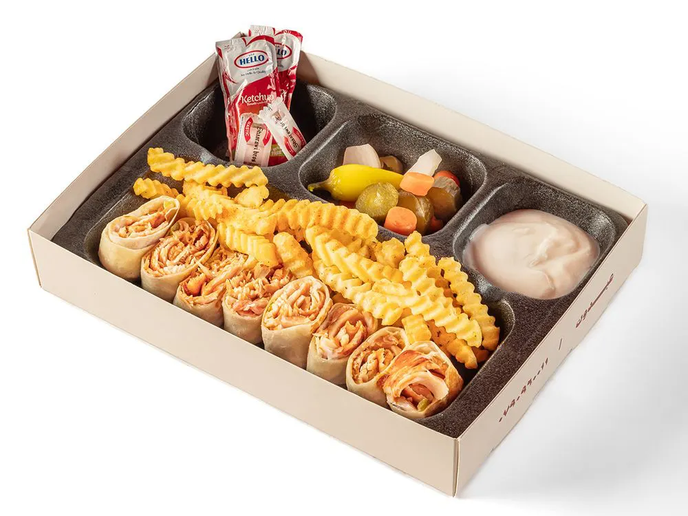 Shanab regular chicken shrak meal with cut shawarma wraps, crinkle-cut fries, pickles and sauce