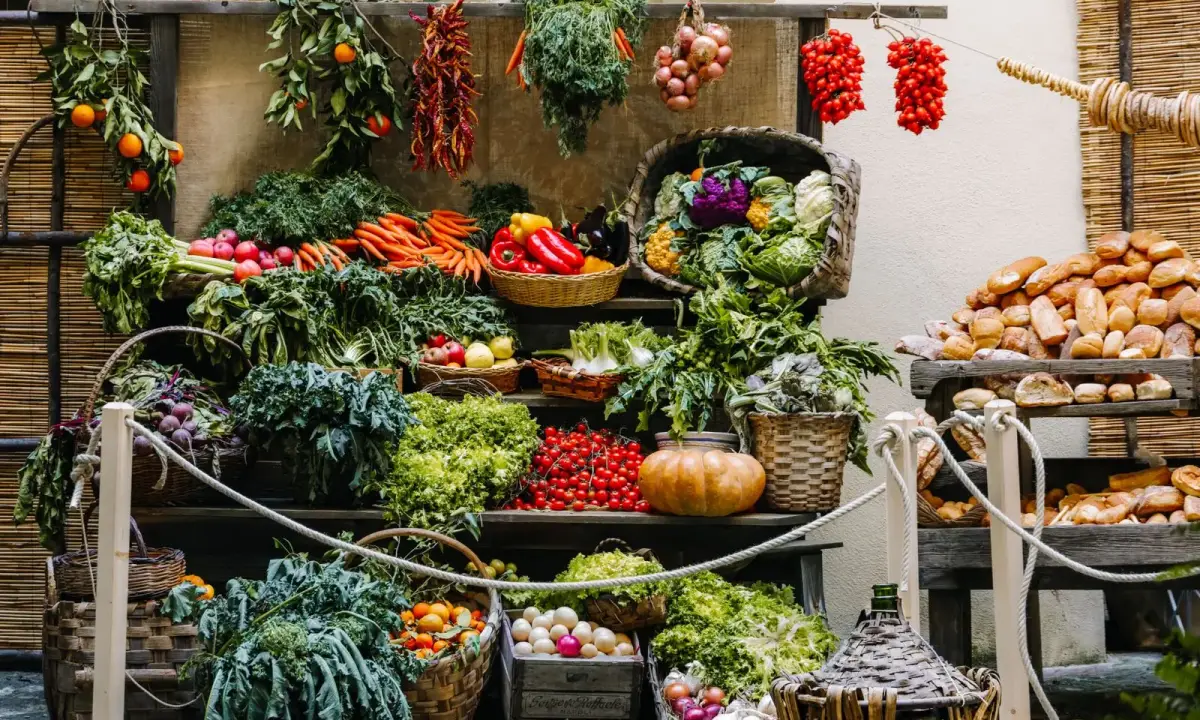 Produce and bread on a market stand