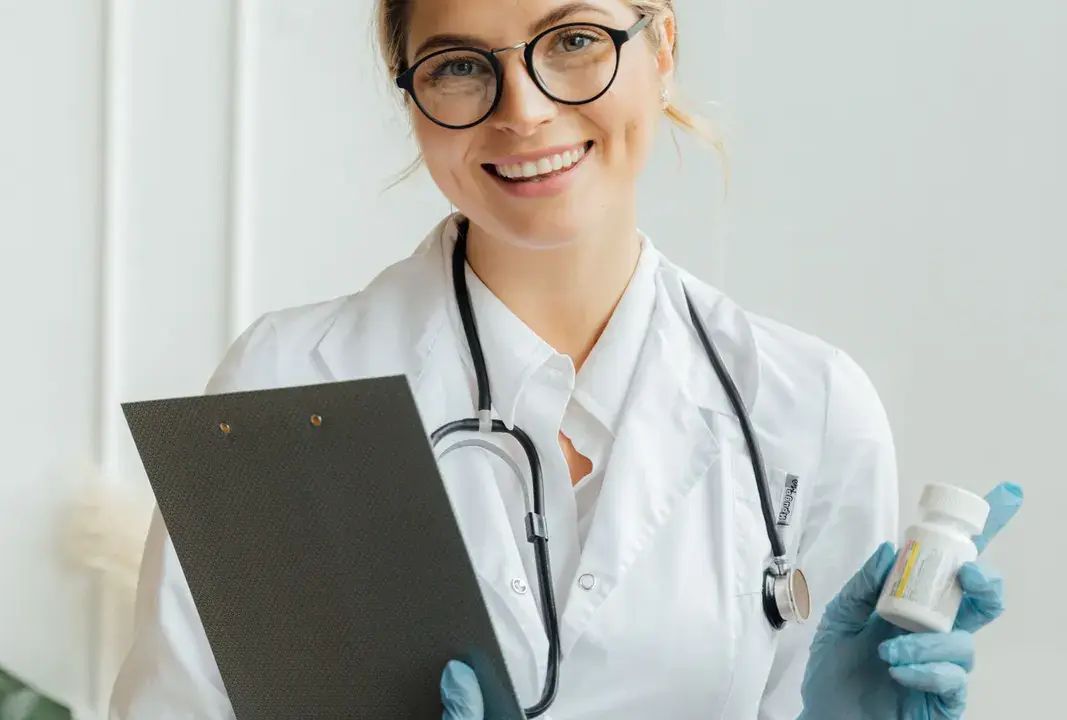 A healthcare professional holding a clipboard and medicine