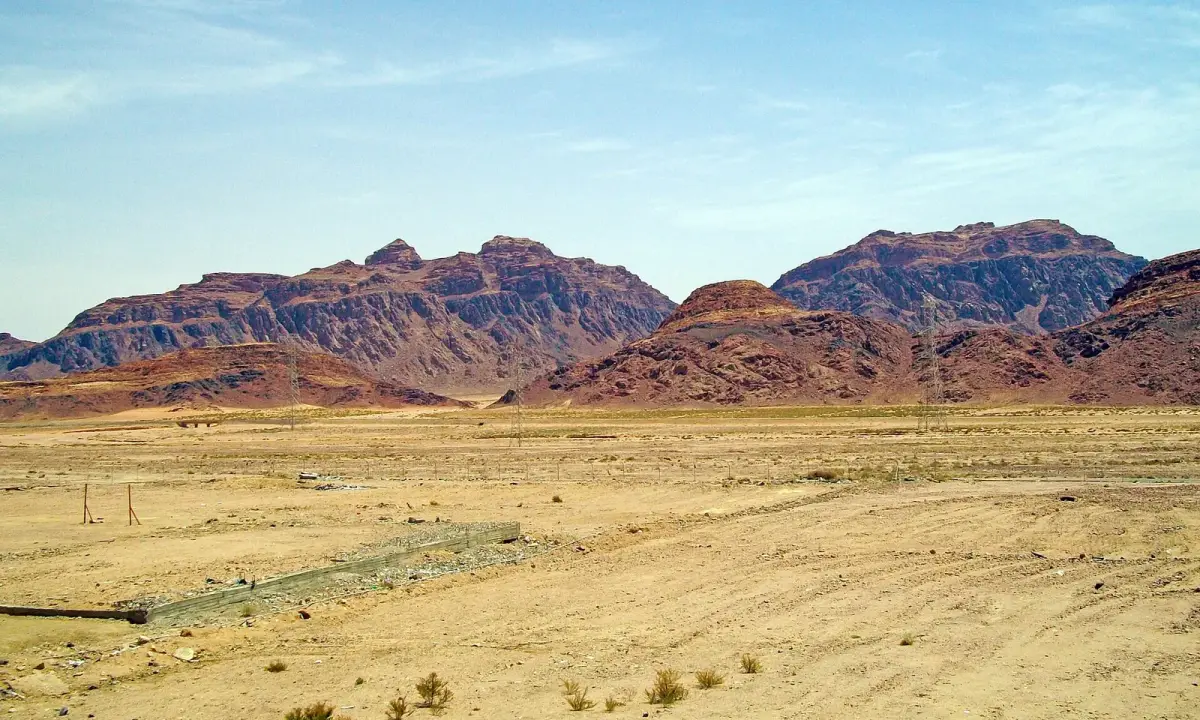 A desert landscape beside Jordan’s Desert Highway near Wadi Rum.