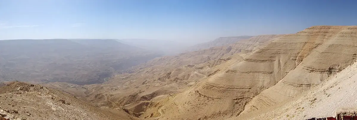 The Wadi Mujib landscape in Jordan, viewed towards the southwest.