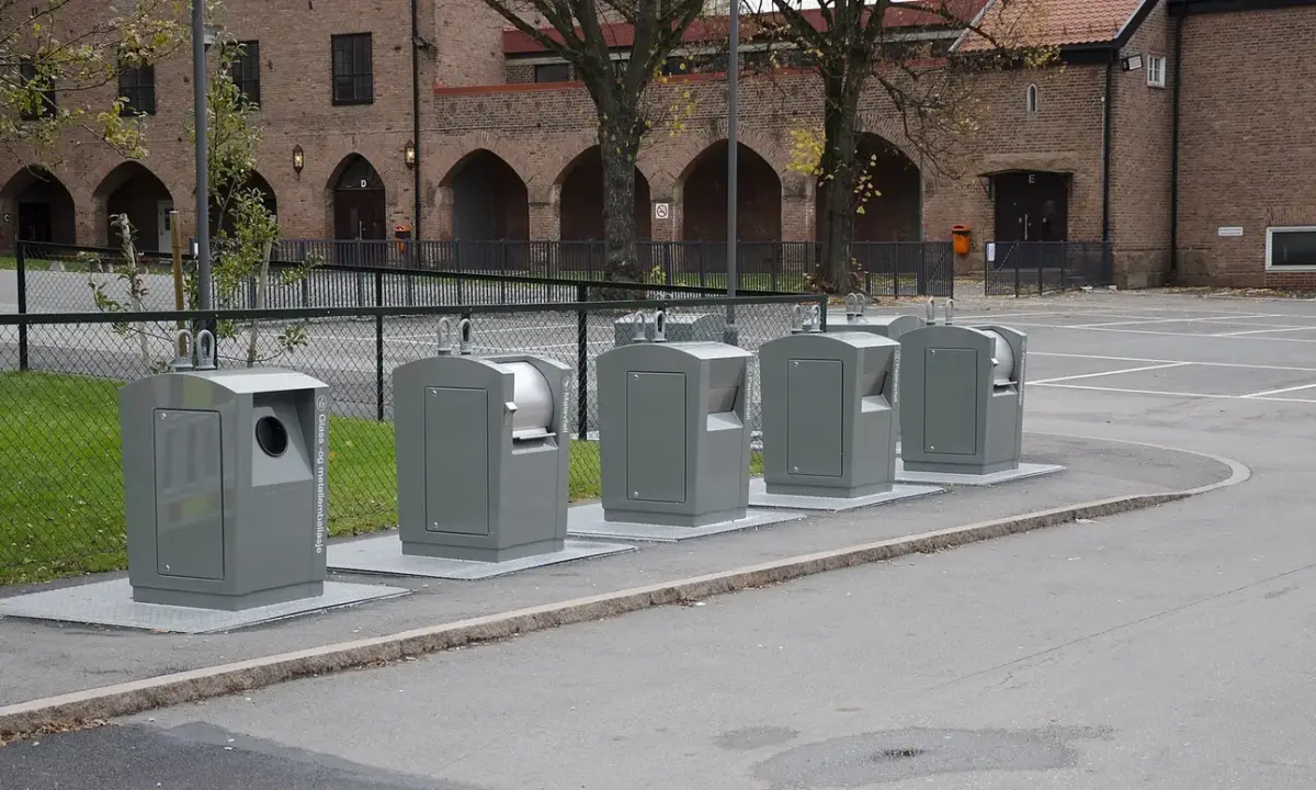Recycling containers in Norway. Illustrative photograph; local collection rules differ.