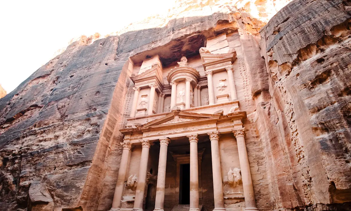The carved sandstone façade of the Treasury in Petra